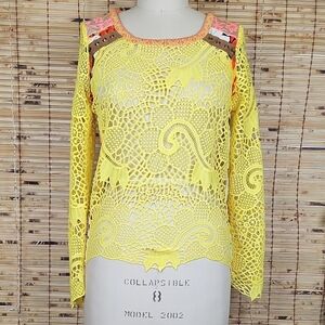 Custo Barcelona Yellow Lace Blouse with Pink and Orange Accents